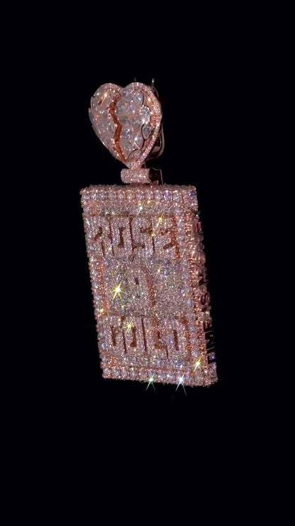 Custom Personalized Rectangle Pendant | Broken Heart Bail | Raised Lettering & Custom Side Text | Iced Out Hip Hop Jewelry