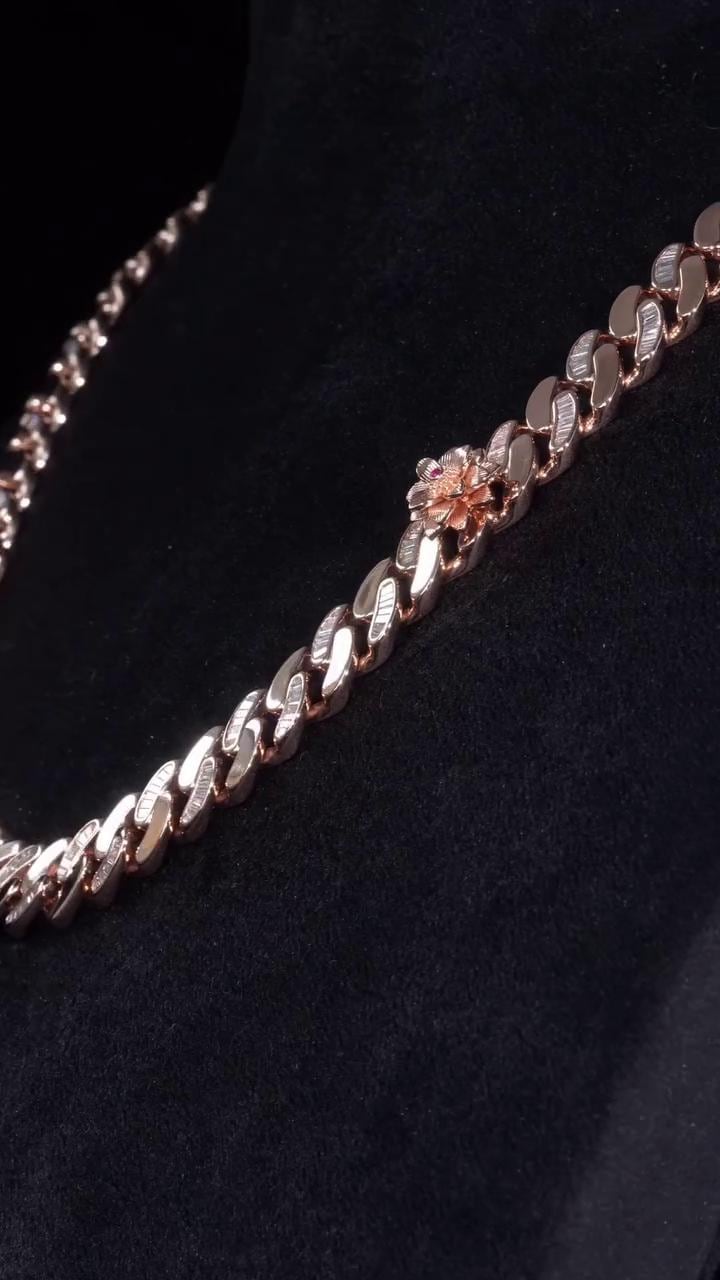14mm Flat Cuban Link Chain, Baguette Moissanite, Lotus Accents, Rose Gold Plated 925 Silver