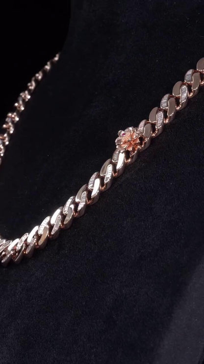 14mm Flat Cuban Link Chain, Baguette Moissanite, Lotus Accents, Rose Gold Plated 925 Silver