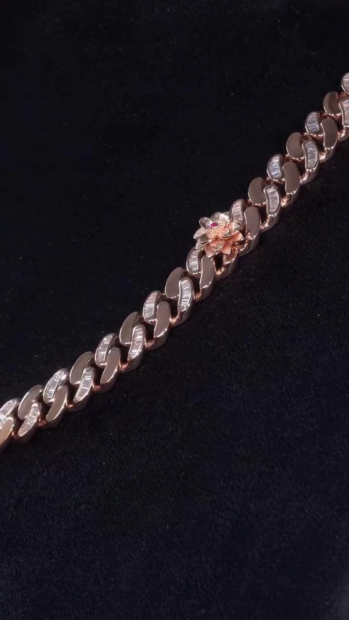 14mm Flat Cuban Link Chain, Baguette Moissanite, Lotus Accents, Rose Gold Plated 925 Silver
