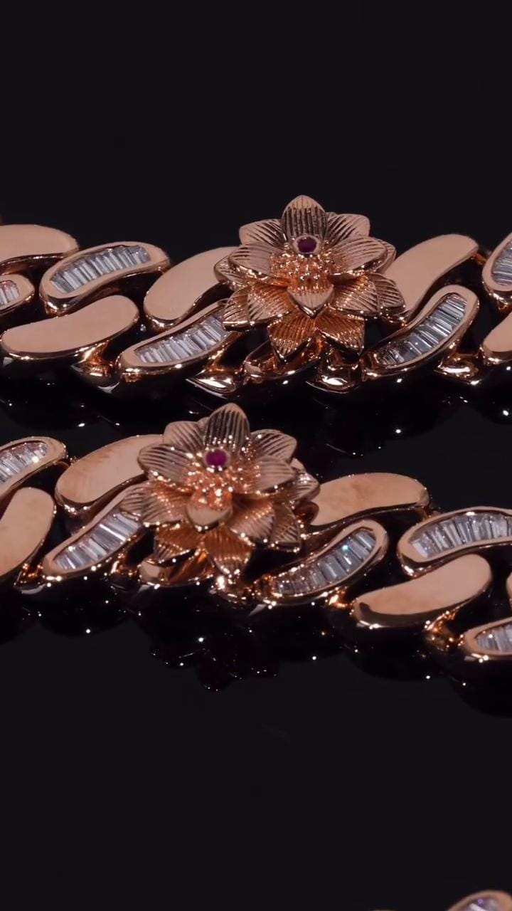 14mm Flat Cuban Link Chain, Baguette Moissanite, Lotus Accents, Rose Gold Plated 925 Silver