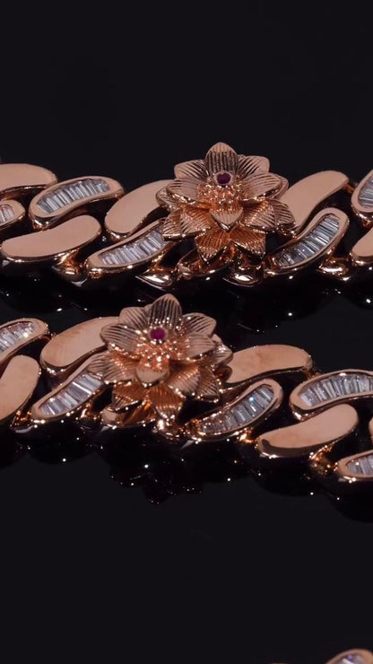 14mm Flat Cuban Link Chain, Baguette Moissanite, Lotus Accents, Rose Gold Plated 925 Silver