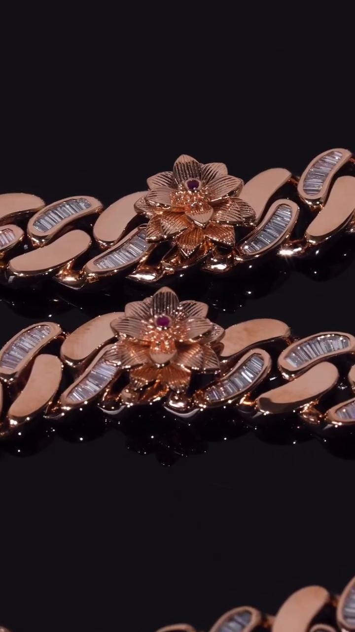 14mm Flat Cuban Link Chain, Baguette Moissanite, Lotus Accents, Rose Gold Plated 925 Silver