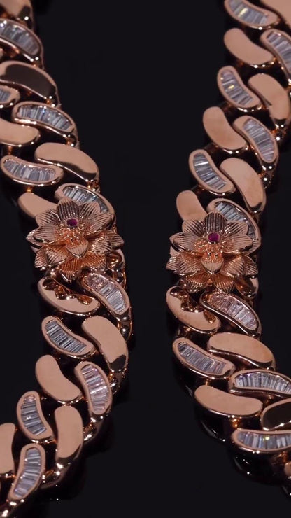 14mm Flat Cuban Link Chain, Baguette Moissanite, Lotus Accents, Rose Gold Plated 925 Silver