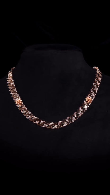 14mm Flat Cuban Link Chain, Baguette Moissanite, Lotus Accents, Rose Gold Plated 925 Silver