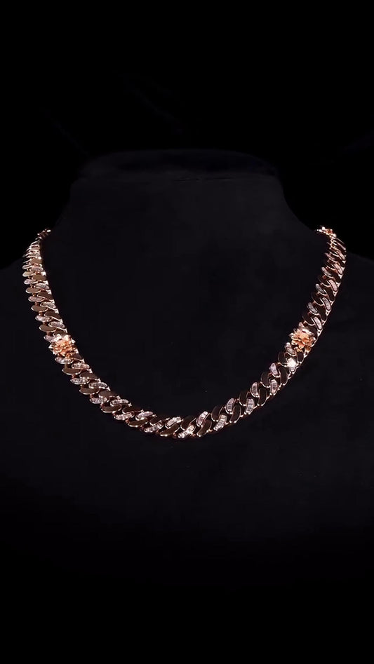 14mm Flat Cuban Link Chain, Baguette Moissanite, Lotus Accents, Rose Gold Plated 925 Silver
