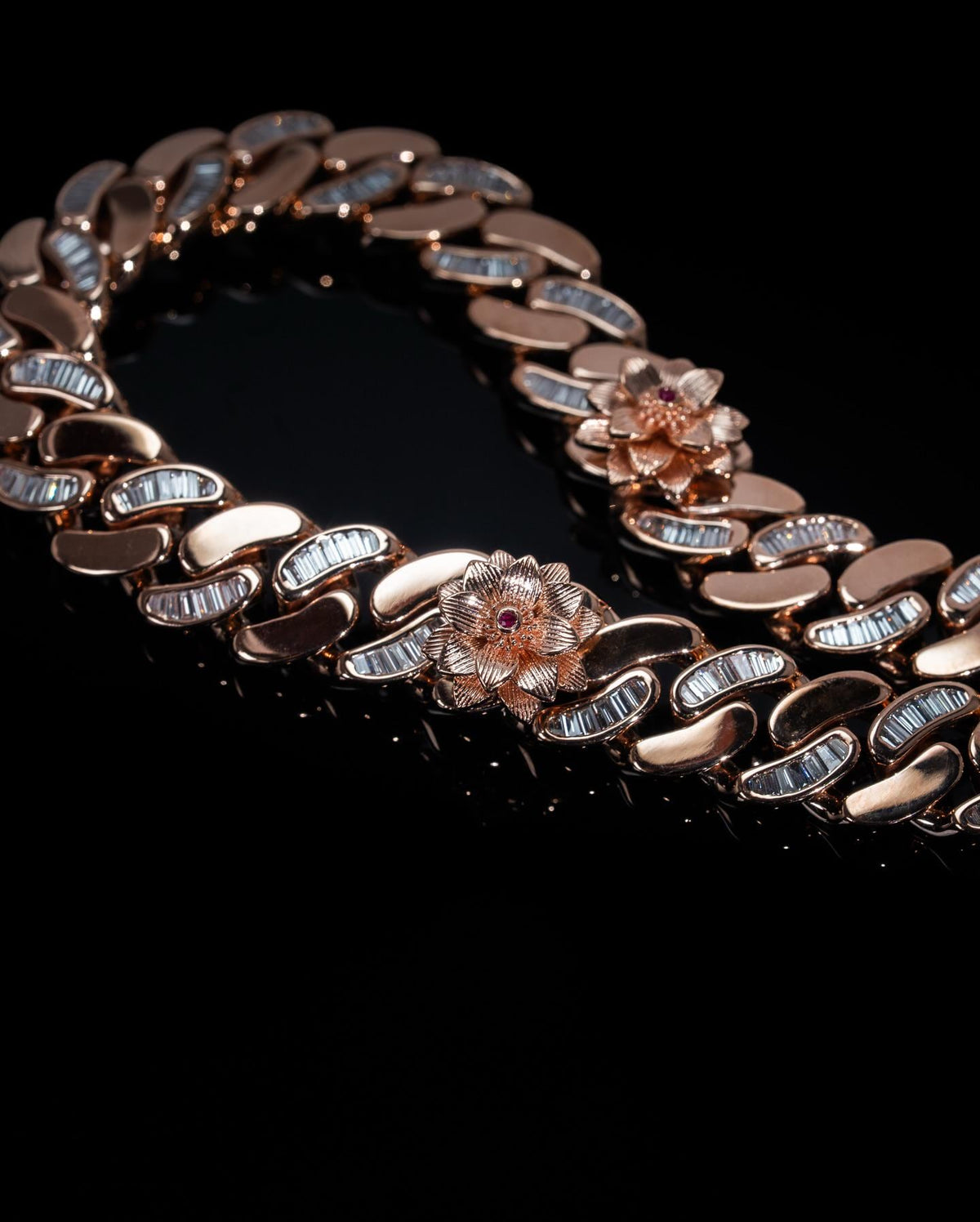 14mm Flat Cuban Link Chain, Baguette Moissanite, Lotus Accents, Rose Gold Plated 925 Silver