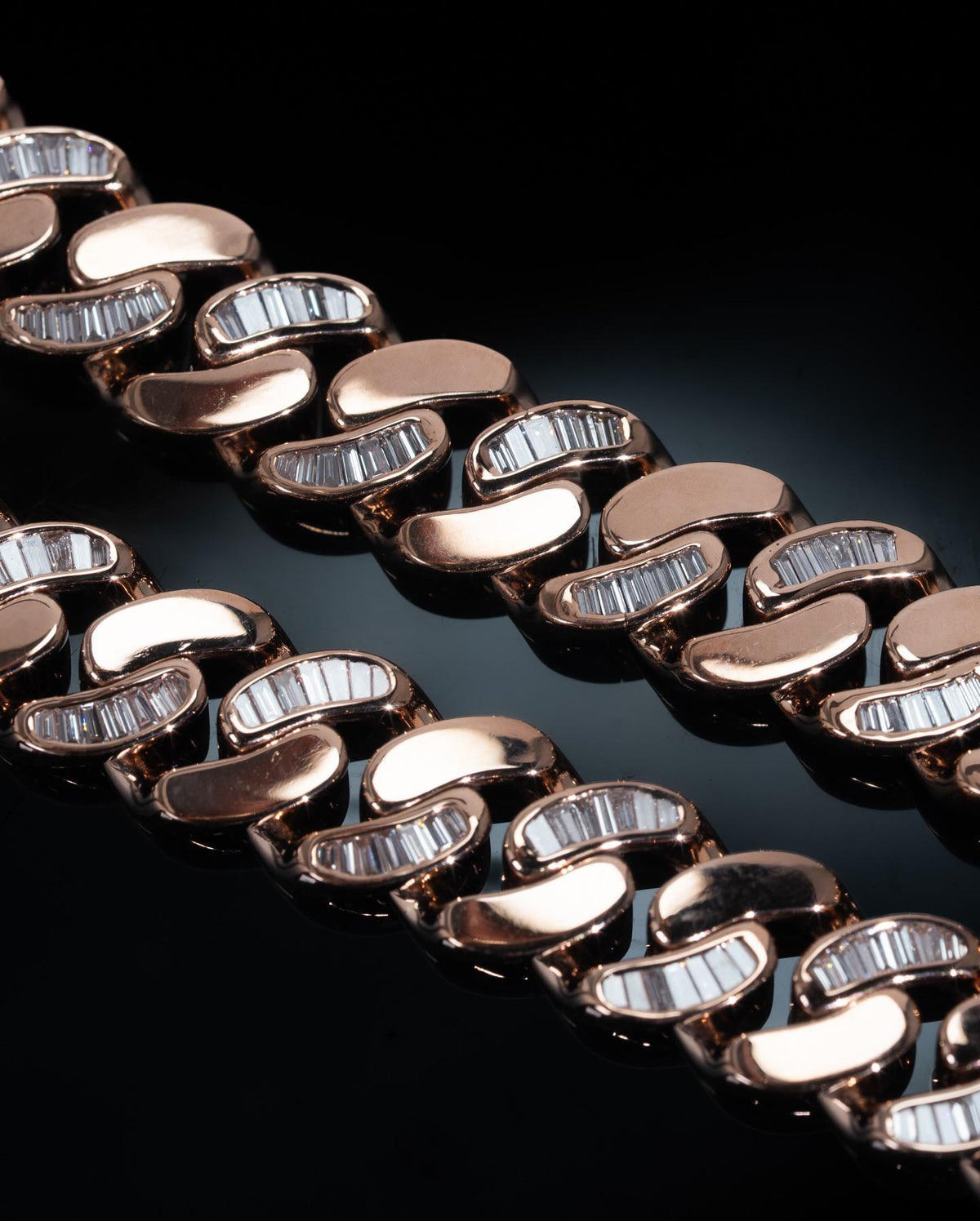 14mm Flat Cuban Link Chain, Baguette Moissanite, Lotus Accents, Rose Gold Plated 925 Silver