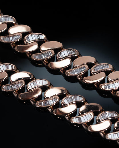 14mm Flat Cuban Link Chain, Baguette Moissanite, Lotus Accents, Rose Gold Plated 925 Silver