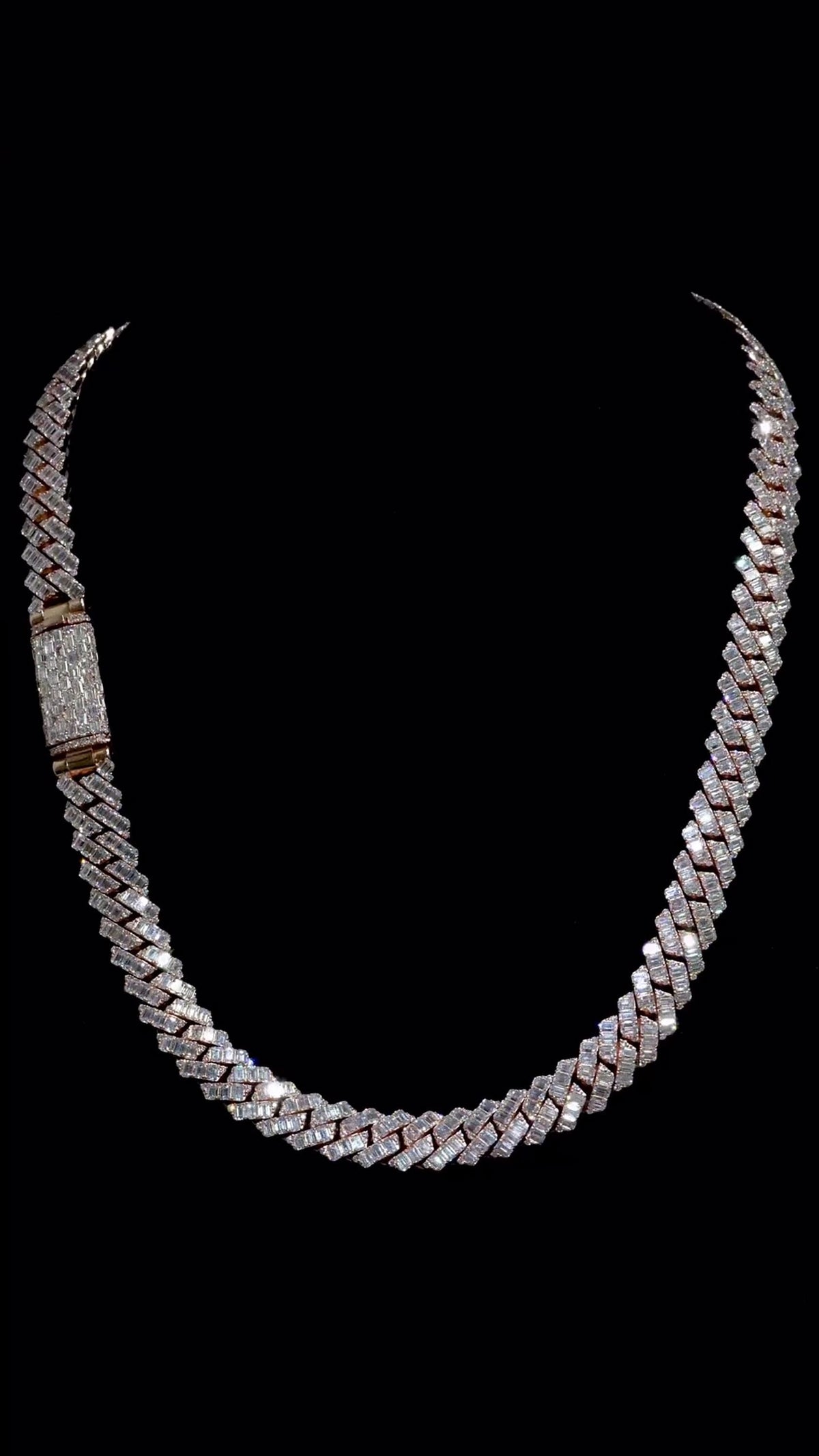 14mm Emerald Cut Moissanite Cuban Link Chain, Rose Gold Plated 925 Sterling Silver Necklace