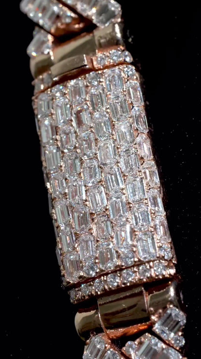 14mm Emerald Cut Moissanite Cuban Link Chain, Rose Gold Plated 925 Sterling Silver Necklace