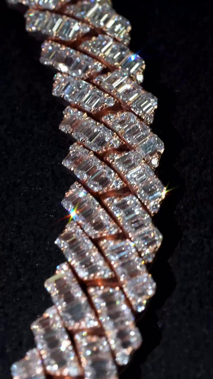 14mm Emerald Cut Moissanite Cuban Link Chain, Rose Gold Plated 925 Sterling Silver Necklace