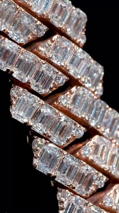 14mm Emerald Cut Moissanite Cuban Link Chain, Rose Gold Plated 925 Sterling Silver Necklace