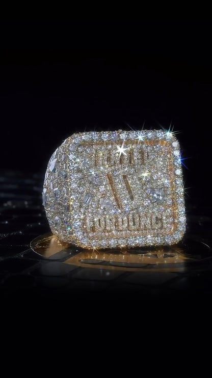 Custom Iced Out Championship Ring | Mixed Shape VVS Moissanite | Personalized Logo Initial Ring | Gold Plated 925 Silver