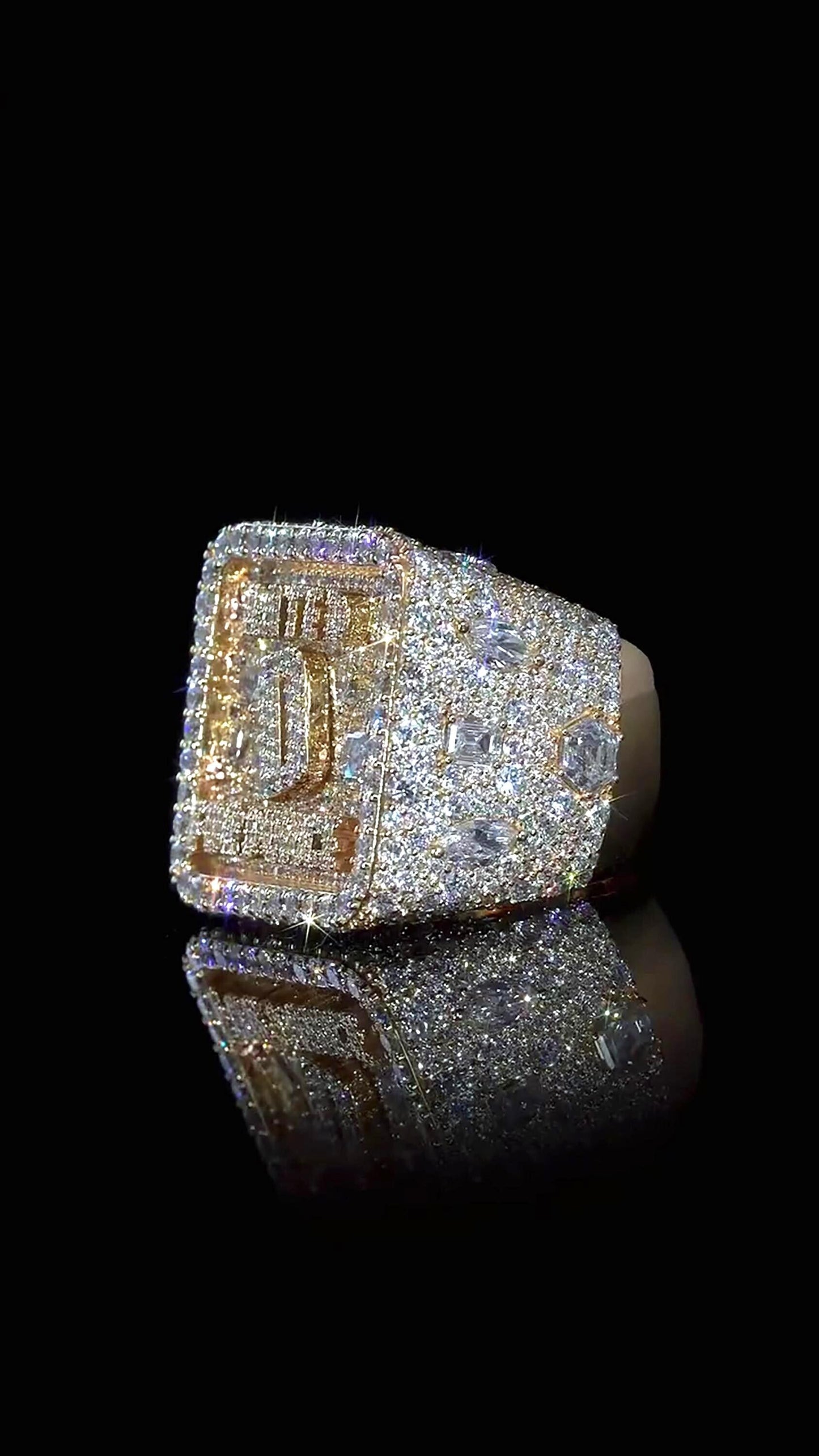 Custom Iced Out Championship Ring | Mixed Shape VVS Moissanite | Personalized Logo Initial Ring | Gold Plated 925 Silver