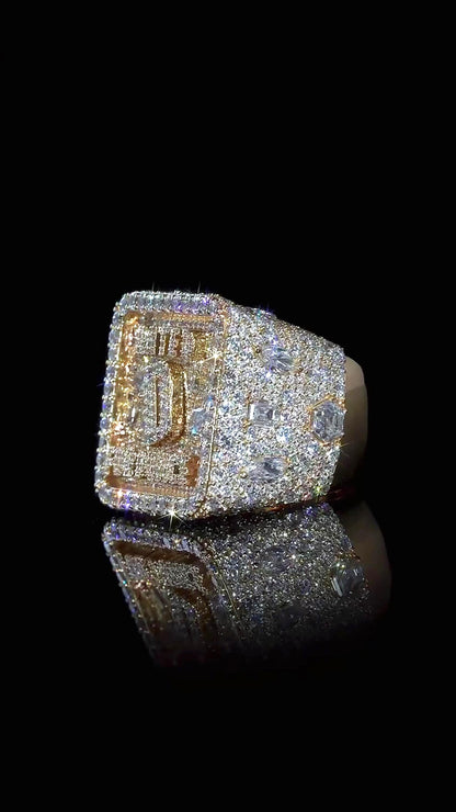 Custom Iced Out Championship Ring | Mixed Shape VVS Moissanite | Personalized Logo Initial Ring | Gold Plated 925 Silver