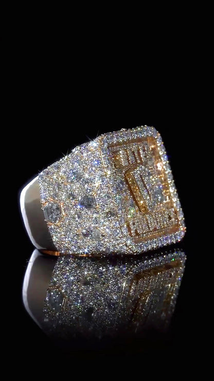 Custom Iced Out Championship Ring | Mixed Shape VVS Moissanite | Personalized Logo Initial Ring | Gold Plated 925 Silver