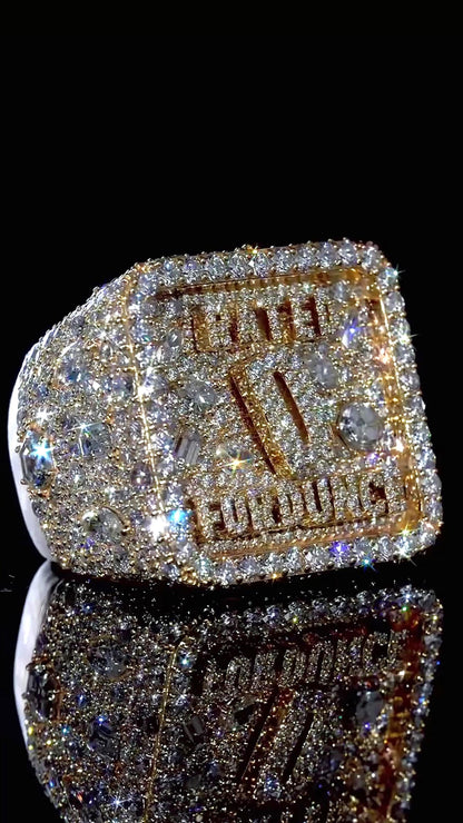 Custom Iced Out Championship Ring | Mixed Shape VVS Moissanite | Personalized Logo Initial Ring | Gold Plated 925 Silver