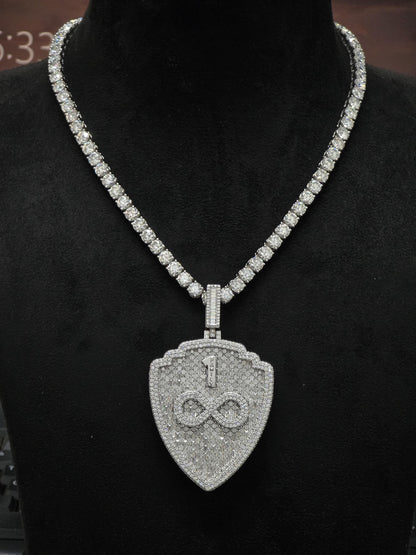 2.5 Inch Custom Shield Pendant & 6mm Tennis Necklace Set, VVS1 Moissanite, Solid 925 Sterling Silver, Passes Diamond Tester