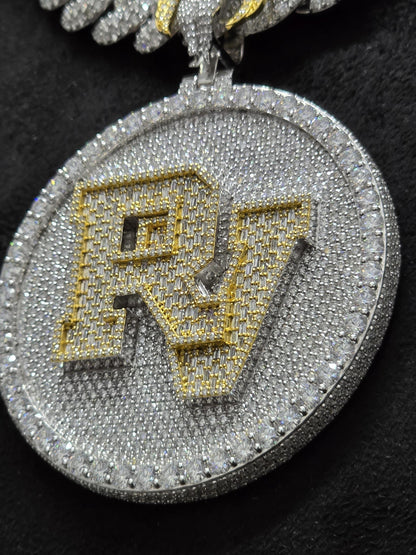 2.5 Inch Custom Initial Pendant & 16mm Cuban Chain Set, Angel Bail, VVS1 Moissanite, Solid 925 Sterling Silver, Passes Diamond Tester