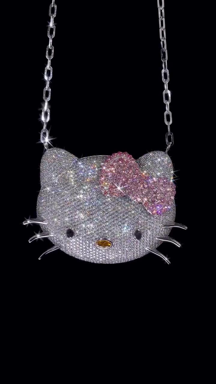 2 Inch Hello Kitty Pendant with Long Link Cable Chain, VVS1 Moissanite & Lab Created Gemstones, 925 Sterling Silver, Passes Diamond Tester