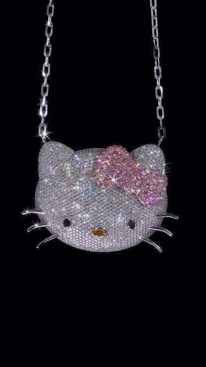 2 Inch Hello Kitty Pendant with Long Link Cable Chain, VVS1 Moissanite & Lab Created Gemstones, 925 Sterling Silver, Passes Diamond Tester