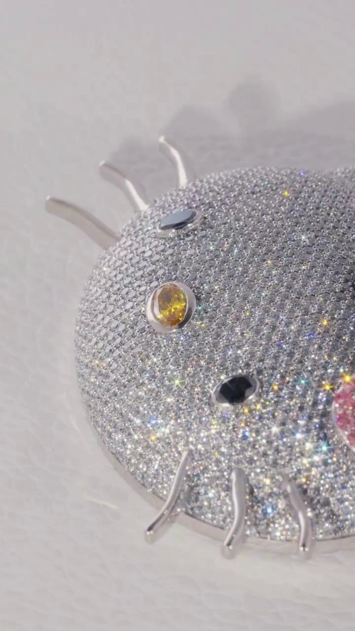 2 Inch Hello Kitty Pendant with Long Link Cable Chain, VVS1 Moissanite & Lab Created Gemstones, 925 Sterling Silver, Passes Diamond Tester