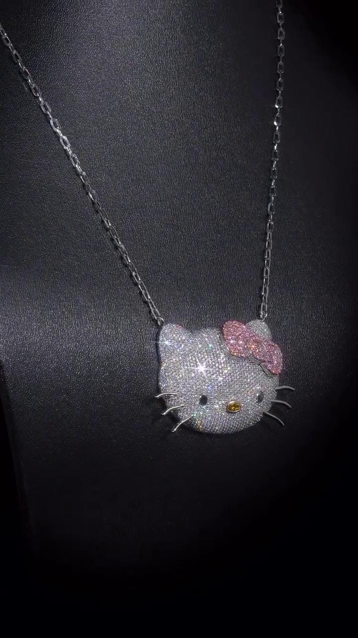 2 Inch Hello Kitty Pendant with Long Link Cable Chain, VVS1 Moissanite & Lab Created Gemstones, 925 Sterling Silver, Passes Diamond Tester