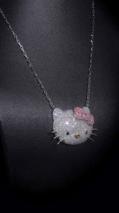 2 Inch Hello Kitty Pendant with Long Link Cable Chain, VVS1 Moissanite & Lab Created Gemstones, 925 Sterling Silver, Passes Diamond Tester