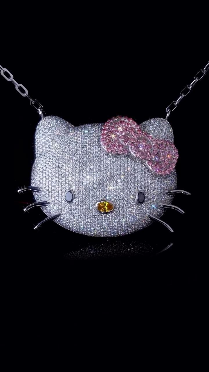 2 Inch Hello Kitty Pendant with Long Link Cable Chain, VVS1 Moissanite & Lab Created Gemstones, 925 Sterling Silver, Passes Diamond Tester