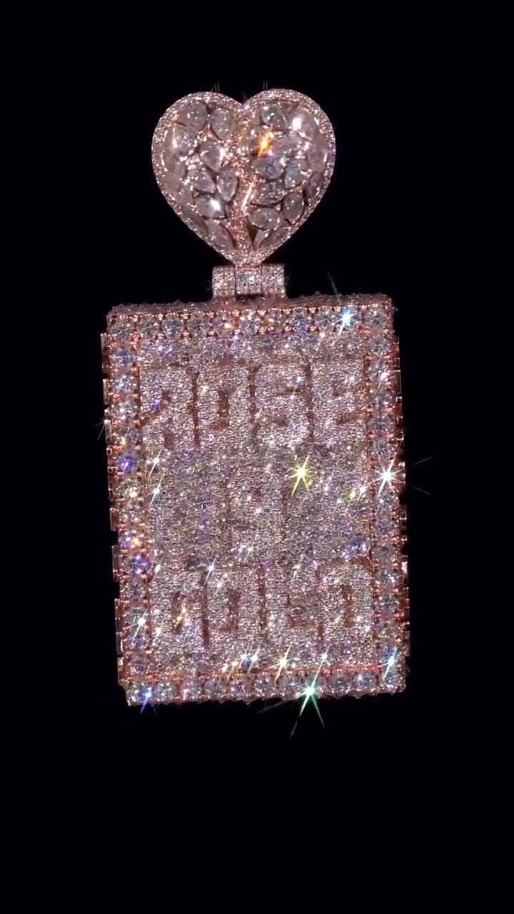 Custom Personalized Rectangle Pendant | Broken Heart Bail | Raised Lettering & Custom Side Text | Iced Out Hip Hop Jewelry