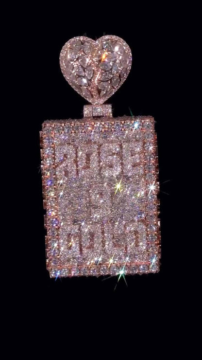 Custom Personalized Rectangle Pendant | Broken Heart Bail | Raised Lettering & Custom Side Text | Iced Out Hip Hop Jewelry