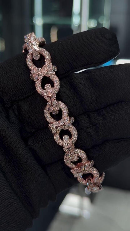 14mm Floral Link Moissanite Bracelet, Rose Gold Plated 925 Silver, Marquise & Round VVS1 Stones, Iced Out Hip Hop Jewelry