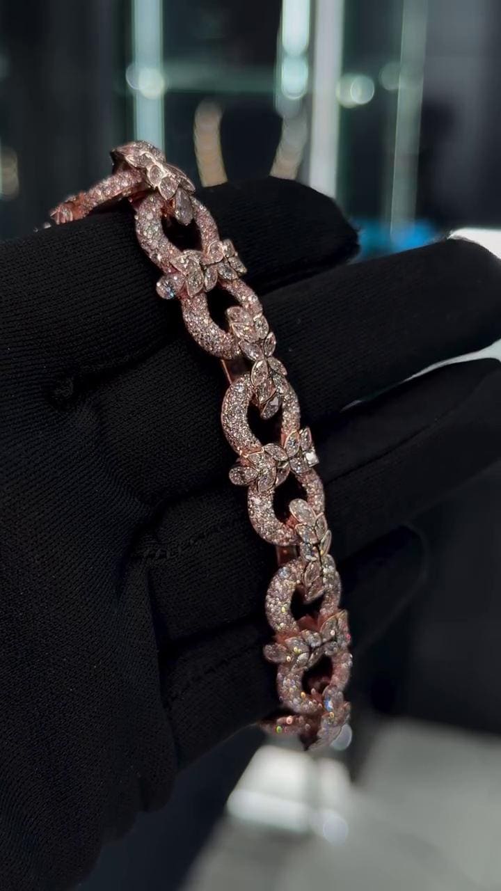 14mm Floral Link Moissanite Bracelet, Rose Gold Plated 925 Silver, Marquise & Round VVS1 Stones, Iced Out Hip Hop Jewelry