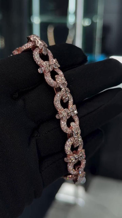 14mm Floral Link Moissanite Bracelet, Rose Gold Plated 925 Silver, Marquise & Round VVS1 Stones, Iced Out Hip Hop Jewelry