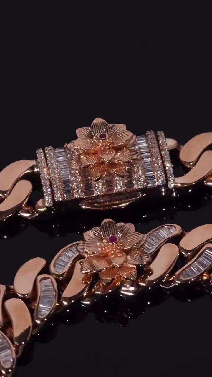 14mm Flat Cuban Link Chain, Baguette Moissanite, Lotus Accents, Rose Gold Plated 925 Silver