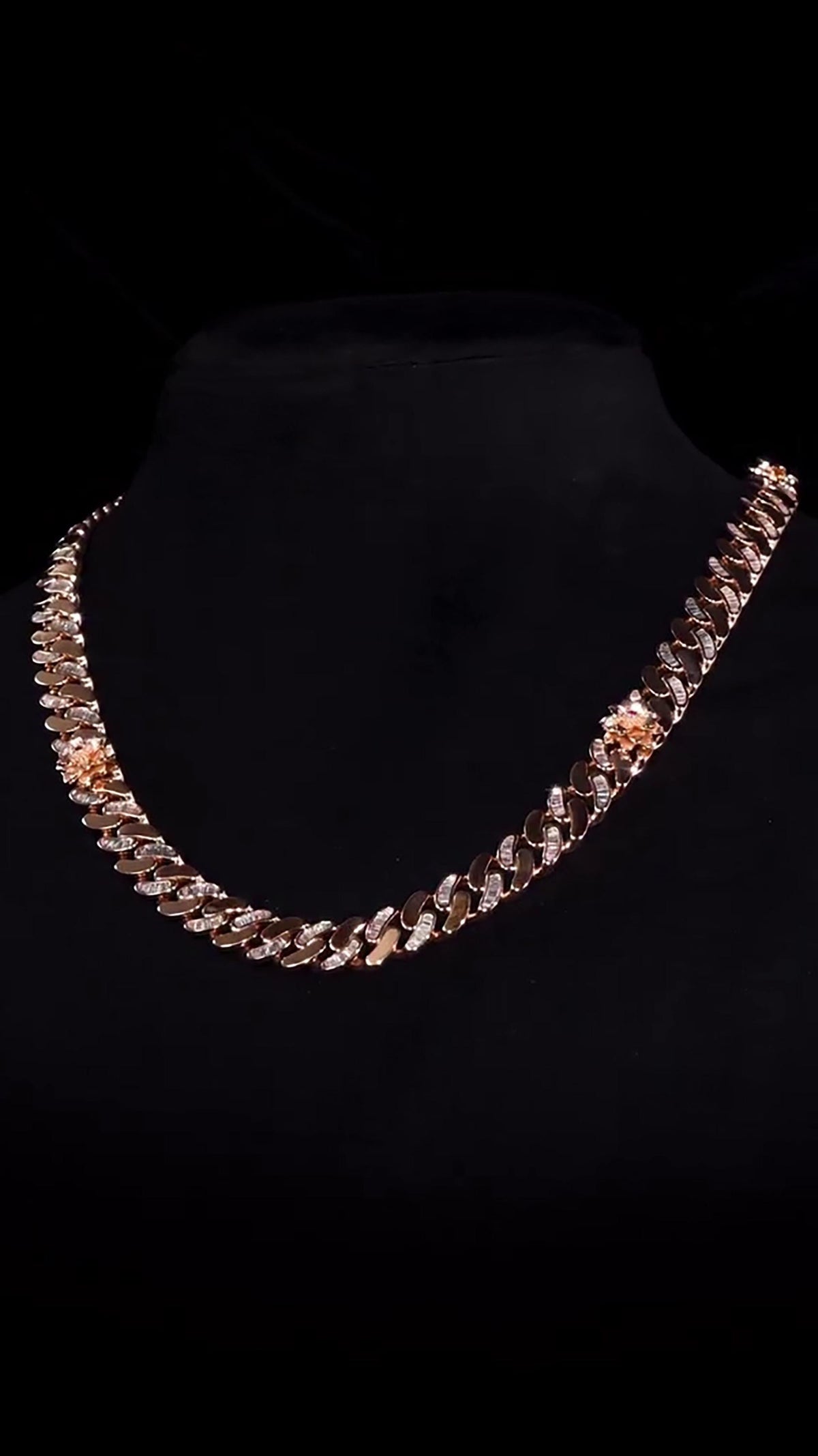 14mm Flat Cuban Link Chain, Baguette Moissanite, Lotus Accents, Rose Gold Plated 925 Silver