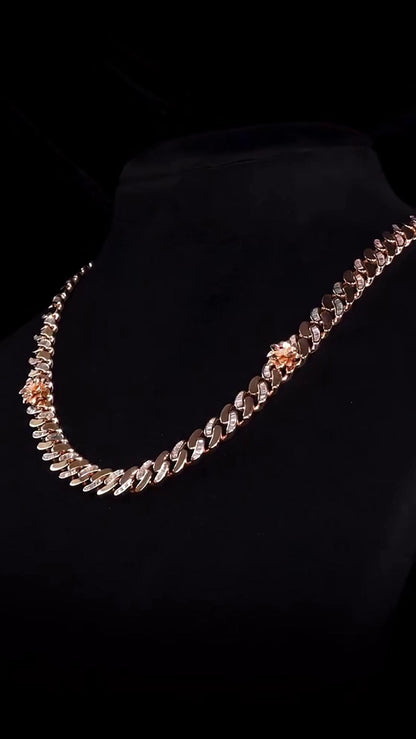 14mm Flat Cuban Link Chain, Baguette Moissanite, Lotus Accents, Rose Gold Plated 925 Silver