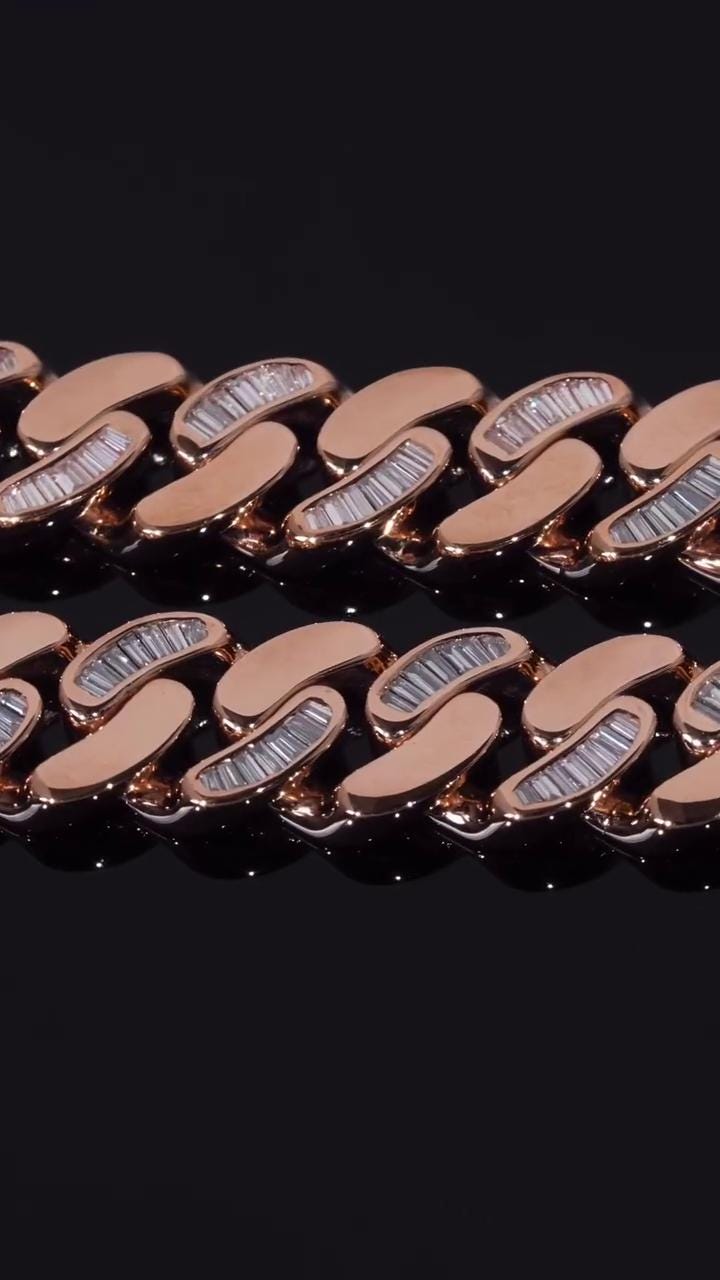14mm Flat Cuban Link Chain, Baguette Moissanite, Lotus Accents, Rose Gold Plated 925 Silver