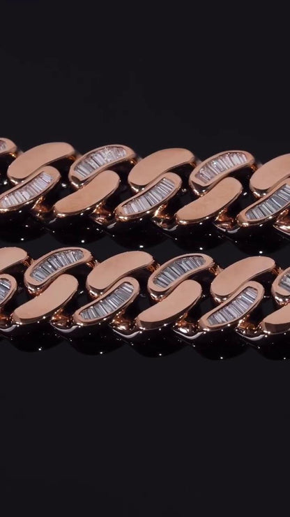 14mm Flat Cuban Link Chain, Baguette Moissanite, Lotus Accents, Rose Gold Plated 925 Silver