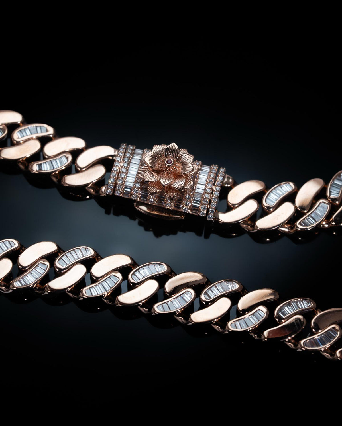 14mm Flat Cuban Link Chain, Baguette Moissanite, Lotus Accents, Rose Gold Plated 925 Silver
