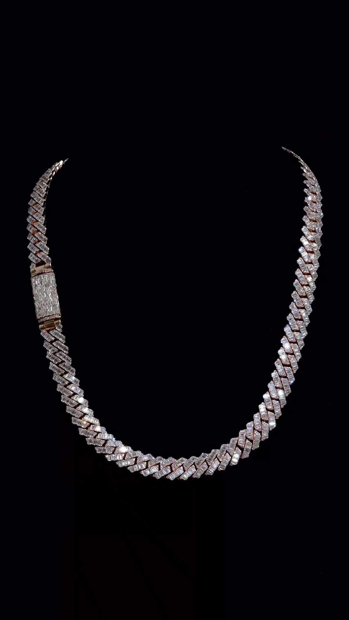 14mm Emerald Cut Moissanite Cuban Link Chain, Rose Gold Plated 925 Sterling Silver Necklace