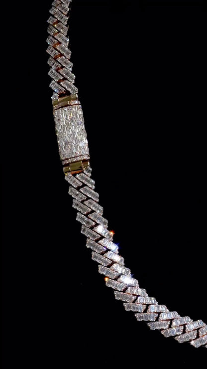 14mm Emerald Cut Moissanite Cuban Link Chain, Rose Gold Plated 925 Sterling Silver Necklace