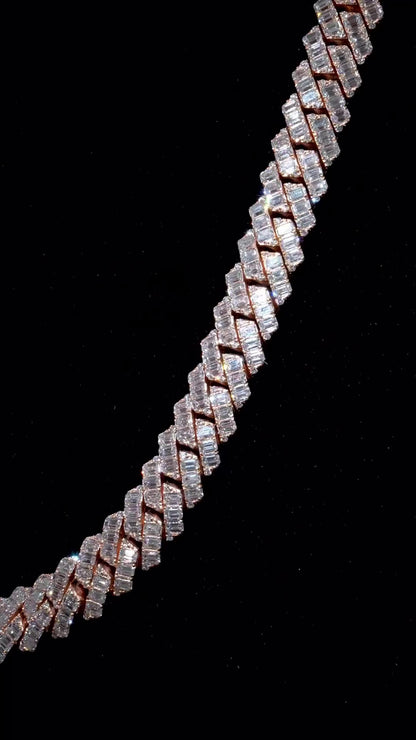 14mm Emerald Cut Moissanite Cuban Link Chain, Rose Gold Plated 925 Sterling Silver Necklace
