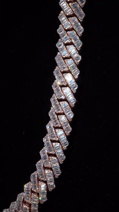14mm Emerald Cut Moissanite Cuban Link Chain, Rose Gold Plated 925 Sterling Silver Necklace
