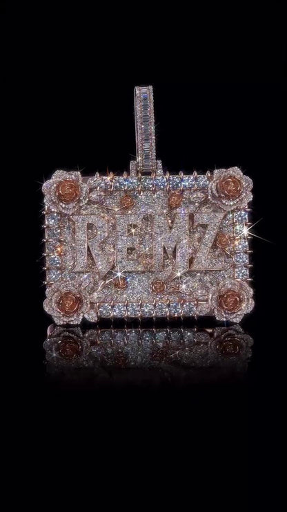 Custom Moissanite Name Pendant, Rose Flower Frame, Personalized Letter Pendant, 925 Sterling Silver Hip Hop Jewelry