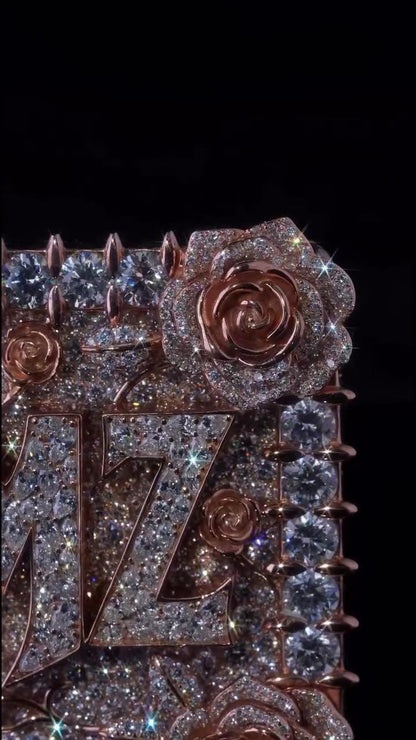 Custom Moissanite Name Pendant, Rose Flower Frame, Personalized Letter Pendant, 925 Sterling Silver Hip Hop Jewelry