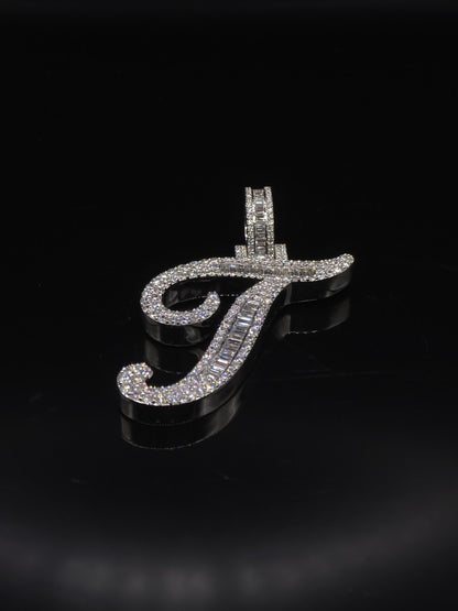 Custom Initial Moissanite Pendant, 1.5 Inch Script Letter, Baguette & Round Cut VVS1, 925 Sterling Silver, Personalized Hip Hop Jewelry