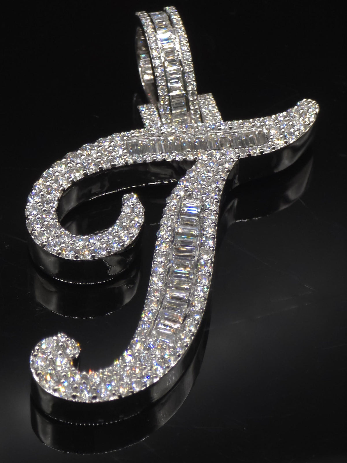 Custom Initial Moissanite Pendant, 1.5 Inch Script Letter, Baguette & Round Cut VVS1, 925 Sterling Silver, Personalized Hip Hop Jewelry