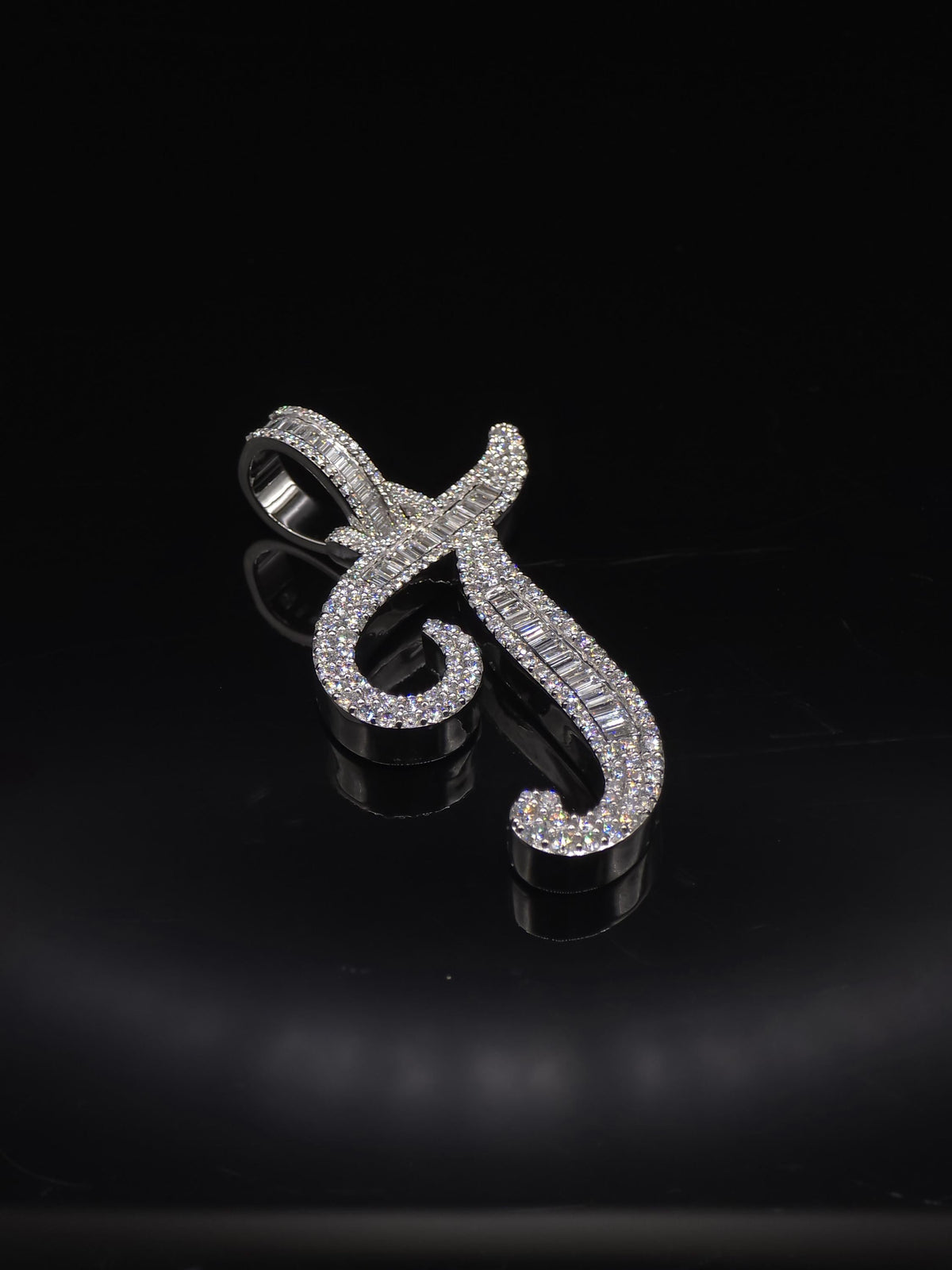 Custom Initial Moissanite Pendant, 1.5 Inch Script Letter, Baguette & Round Cut VVS1, 925 Sterling Silver, Personalized Hip Hop Jewelry